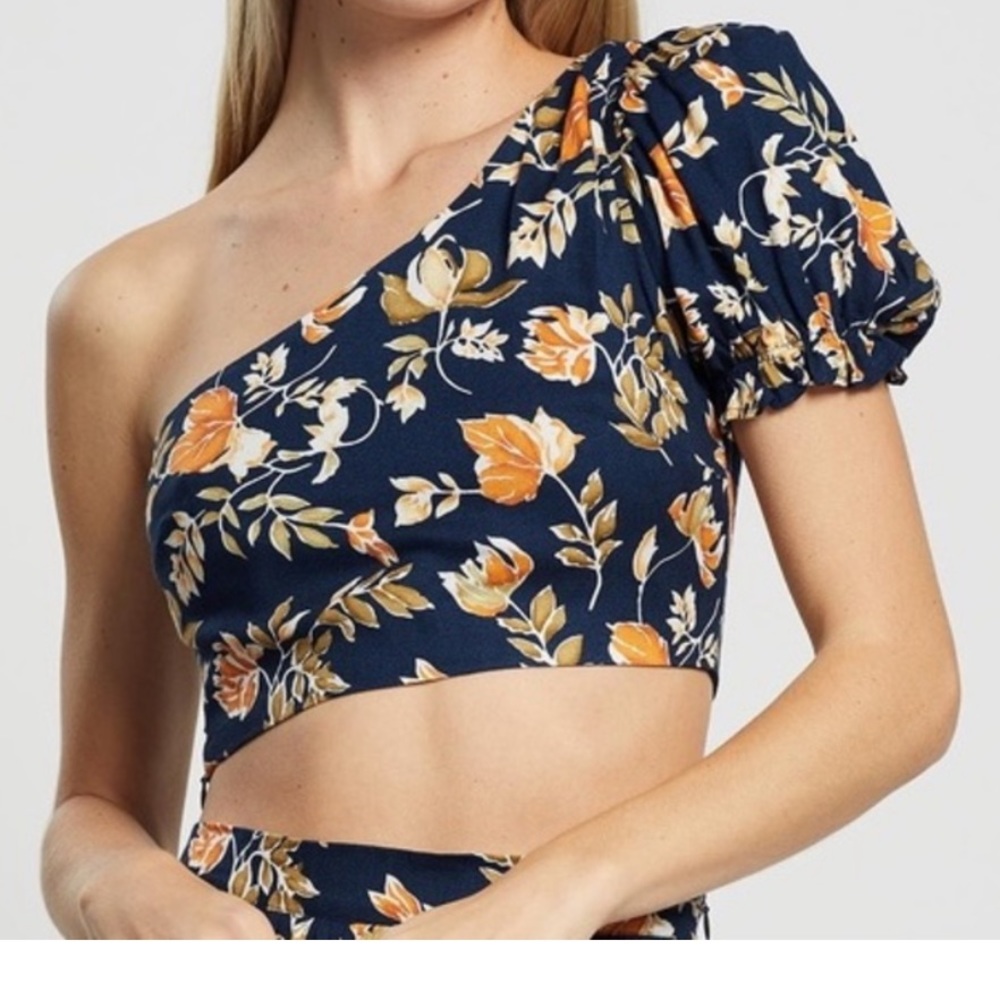 Seven Wonders Womens XL One Shoulder Floral Crop Top Puff Sleeve Navy Yellow top